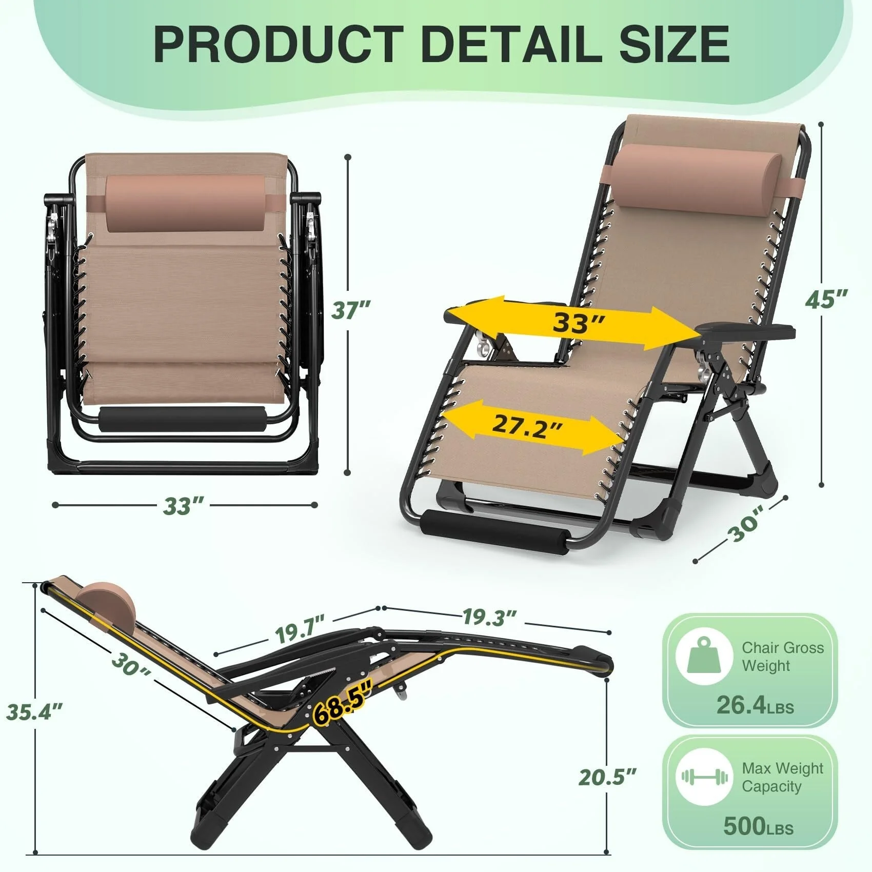 Oversized Zero Gravity Chair, Lounge Chair w/Removable Cushion&Headrest, Reclining Patio Camping Chair for Indoor Outdoor