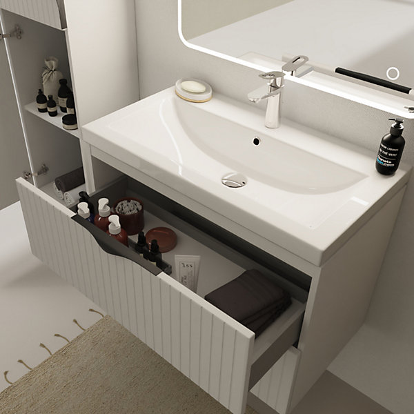 Meuble salle de bain strié - 80 cm - avec plan vasque - blanc mat - à suspendre - Tirso