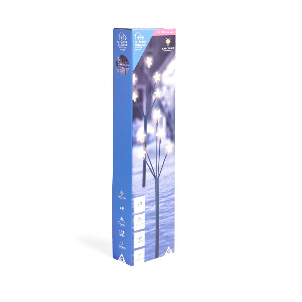 Lot de 2 piques lumineux à planter 5 tiges étoile LED blanc chaud H38cm