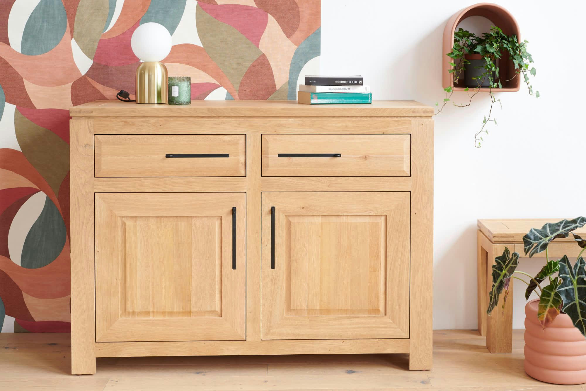 BOSTON - Buffet bas parisien moderne en chêne clair 2 portes 2 tiroirs