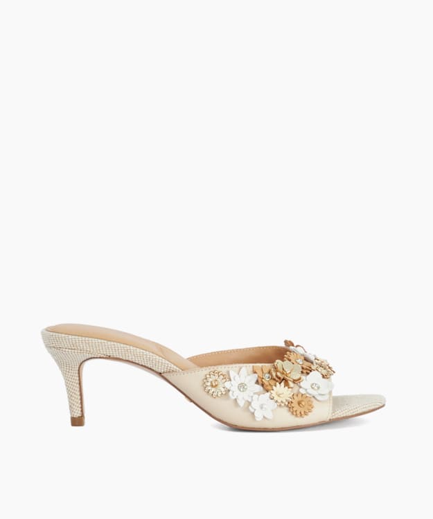 Maizy Ecru - Leather Floral Embellished Heel Mules