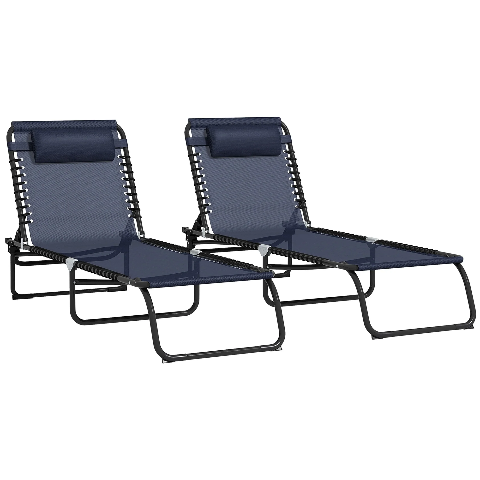2 Piece Folding Outdoor Lounge Chair Set with Adjustable Recline and Cushioned Headrests for Beach Patio