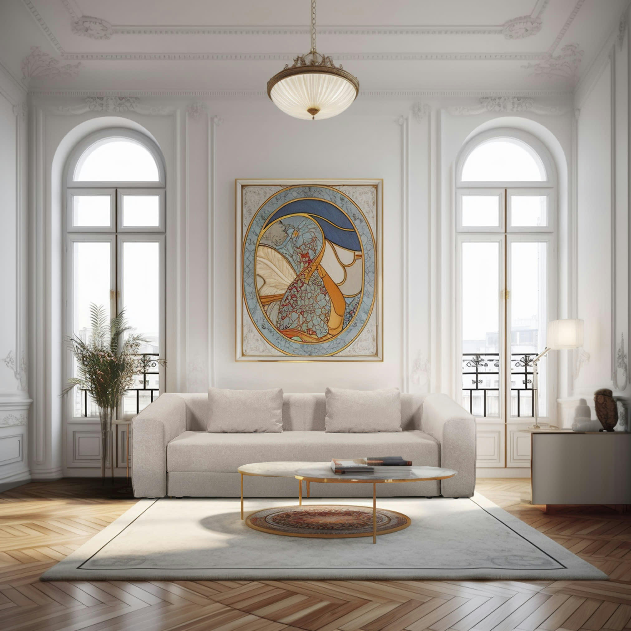 MUSCAT - Canapé droit convertible 3 places en tissu beige