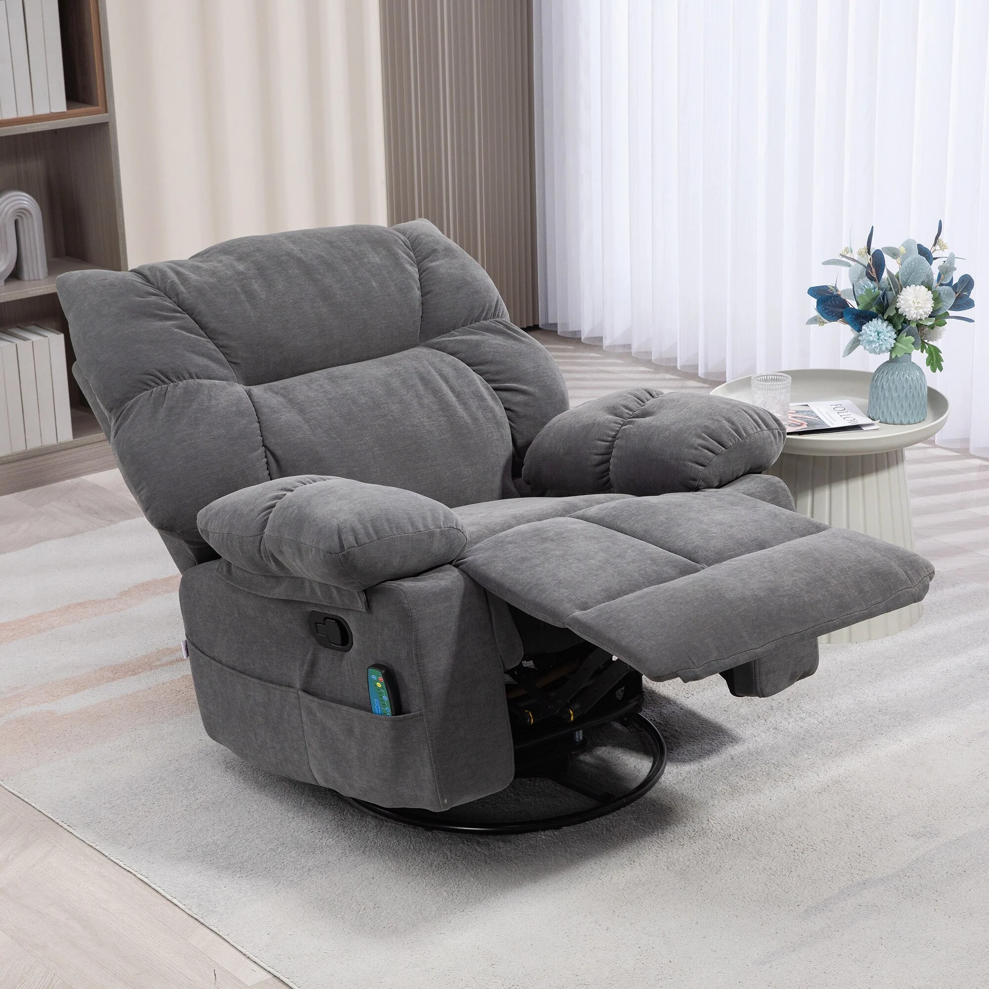 Dark Gray Oversized Chenille Upholstered 360° Swivel Rocker Manual Recliner with Vibration Massage and Lumbar Heating