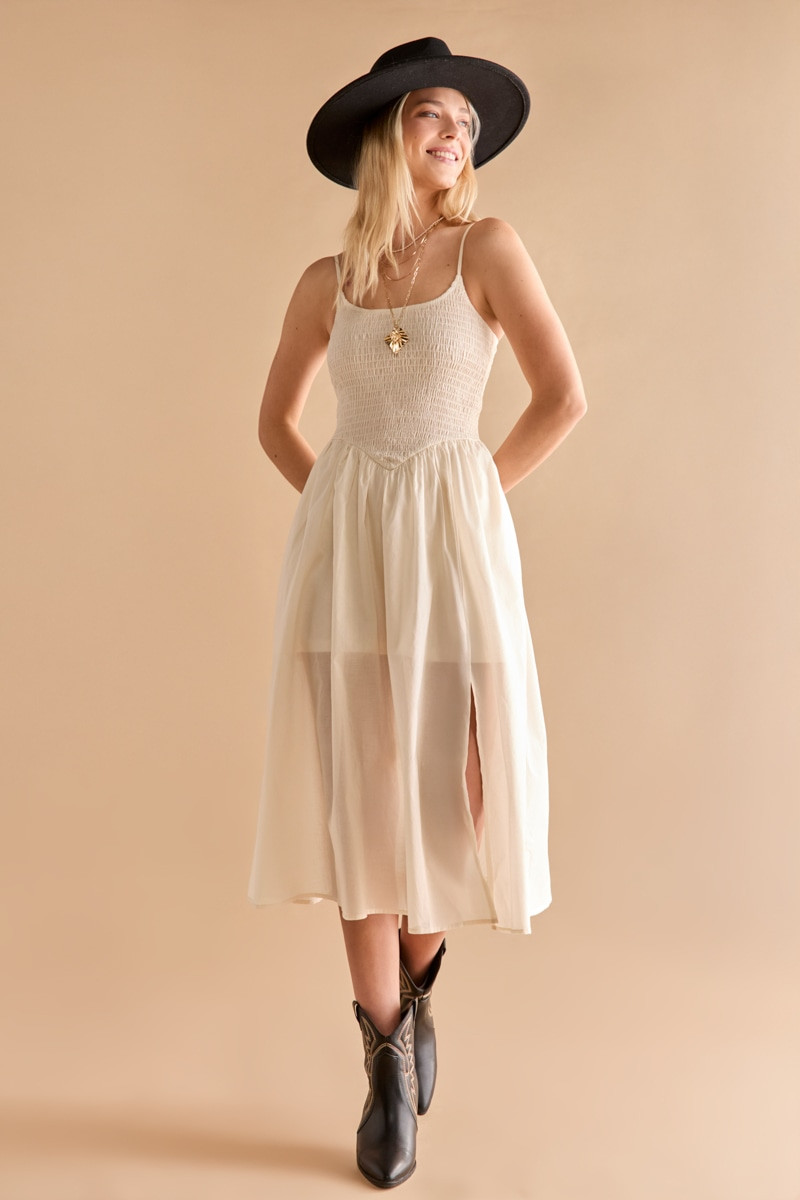 Tessa Smocked V Waist Midi Dress