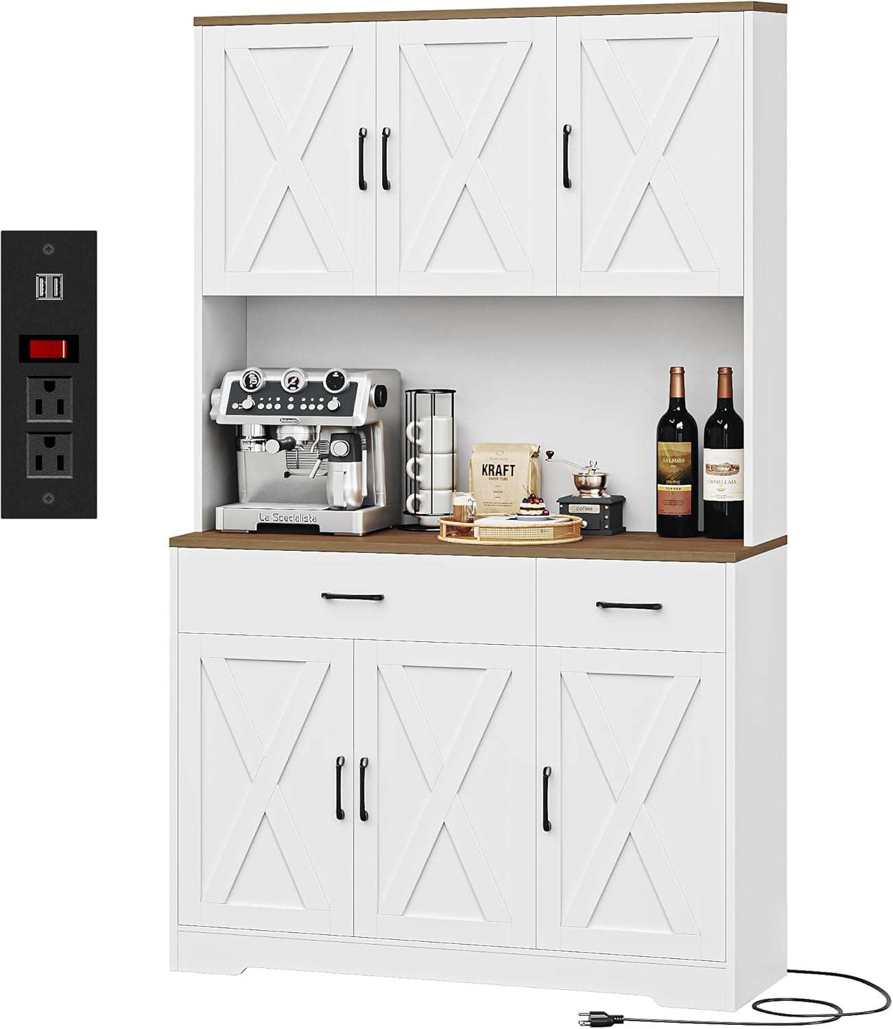 HOSTACK 71 Pantry Cabinet with Charging Station, Tall Kitchen Pantry Storage Cabinet with Microwave Stand, Farmhouse Kitchen Hutch with Storage Drawers for Living Room, Dining Room, White