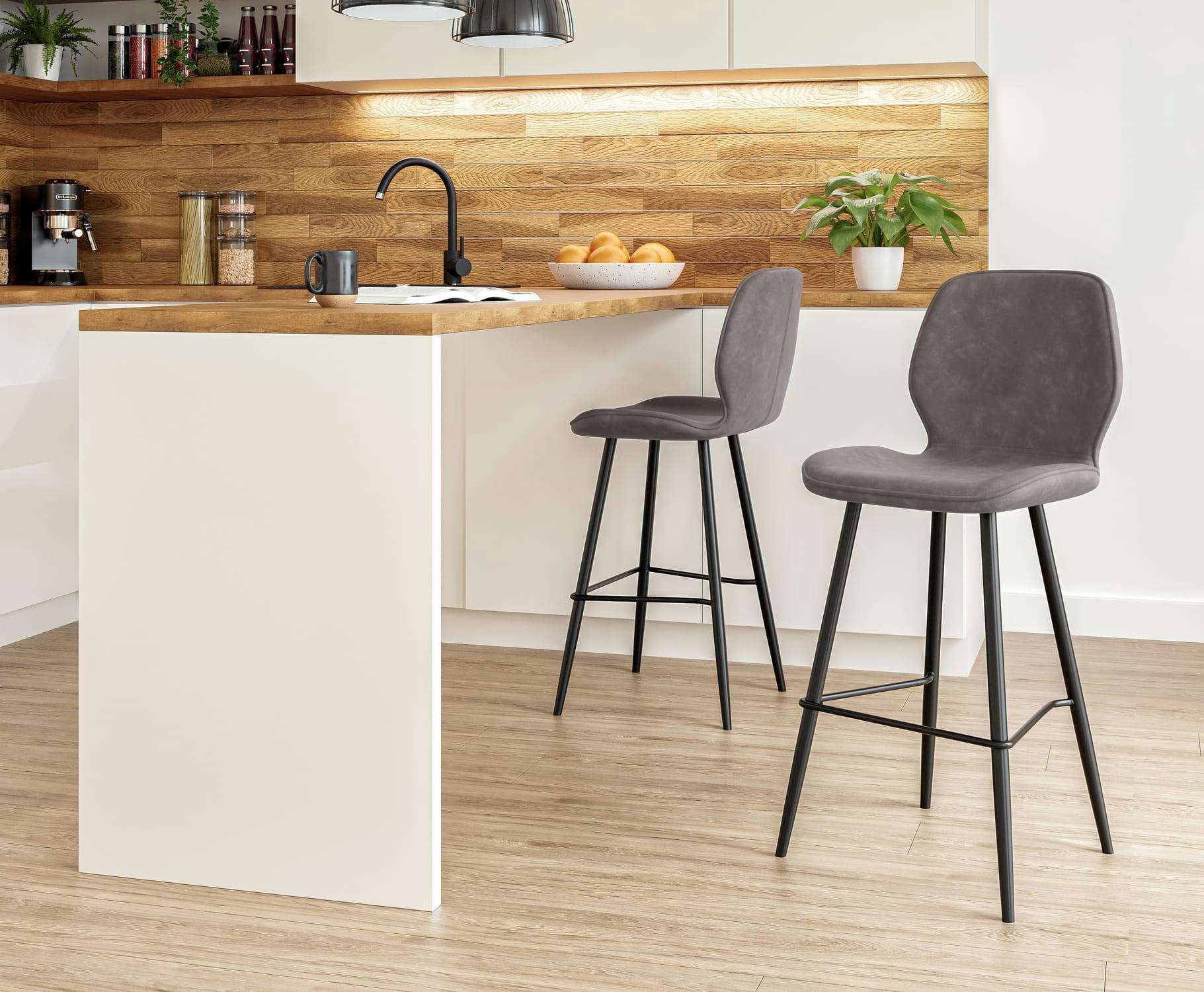 ETHAN - Lot de 2 tabourets de bar en pu gris piètement noir