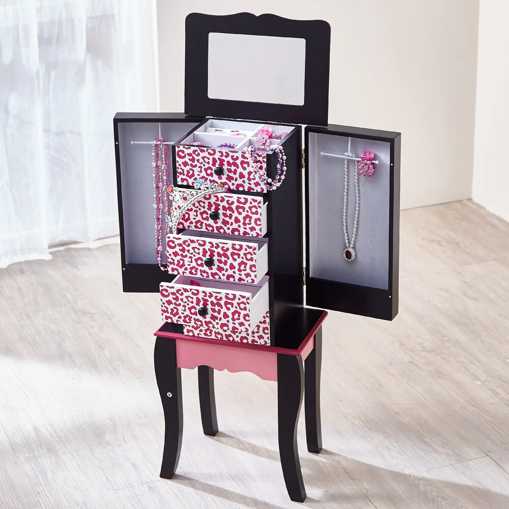 Teamson Kids' Fashion Prints Leopard Pink and Black Wood and MDF 5-drawer Jewelry Armoire