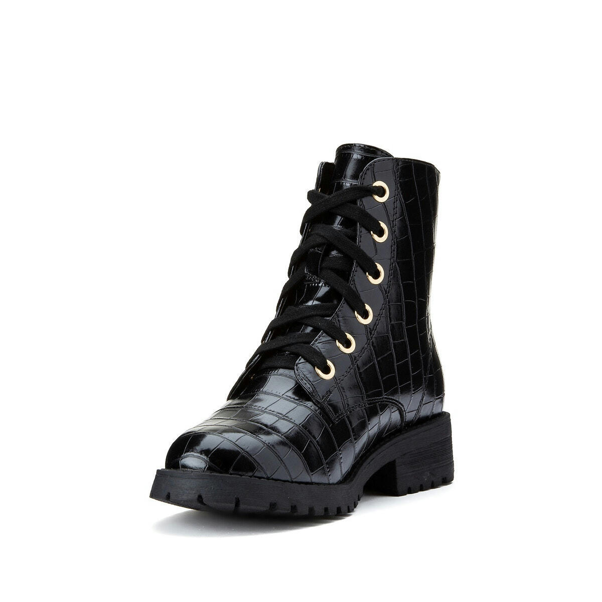 Bottines croco à lacets, semelle crantée
