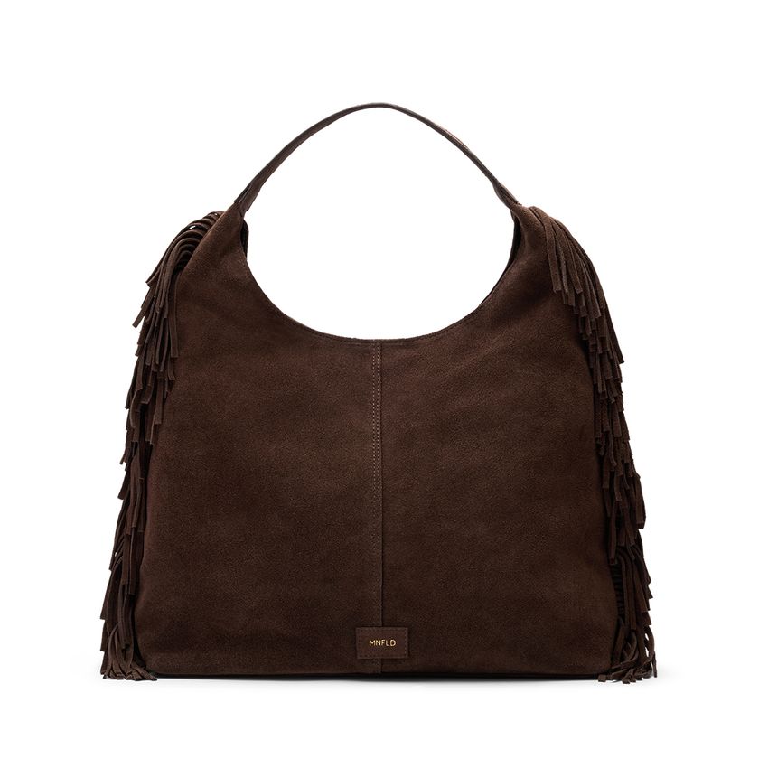 Manfield Donkerbruine suède schoudertas met franjes