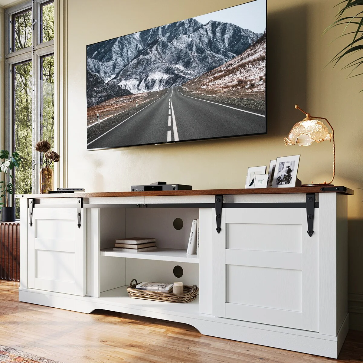 Entertainment Center with Storage Cabinets and Sliding Barn Doors