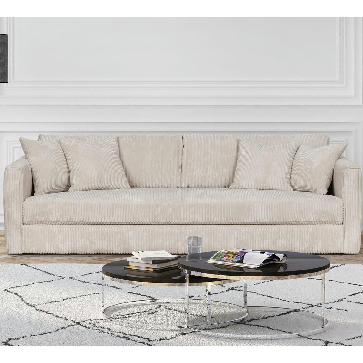 DENVER - Canapé 4 places velours cotelé beige + 4 coussins