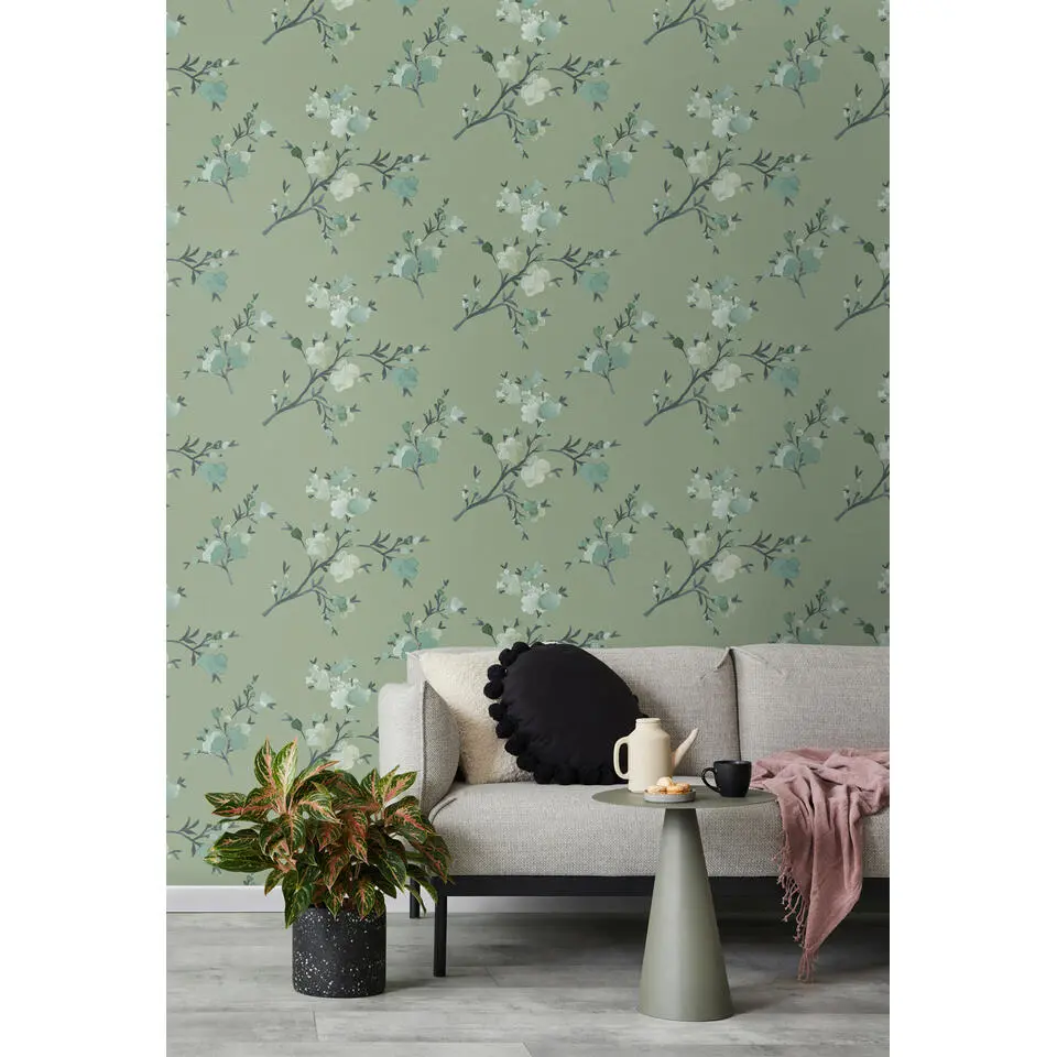 Walls4You behang bloemmotief vergrijsd groen - 53 cm x 10.05 m