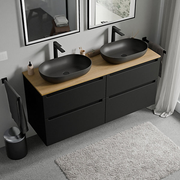 Meuble sous vasque suspendu MDF Noir mat, plan vasque Chêne miel, tiroirs pivotants - 140x46x62cm - VIREO