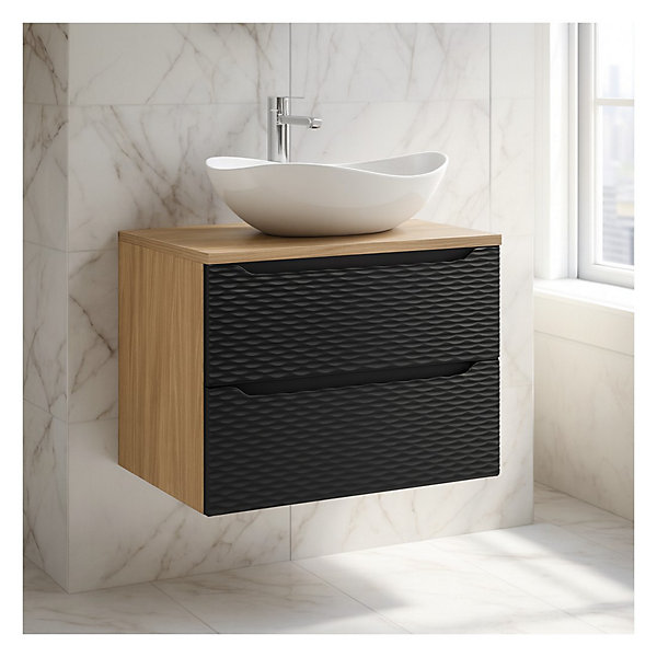 Ensemble de salle de bain YOKA noir : meuble sous vasque à tiroirs 70 cm et plan pour vasque et vasque à poser