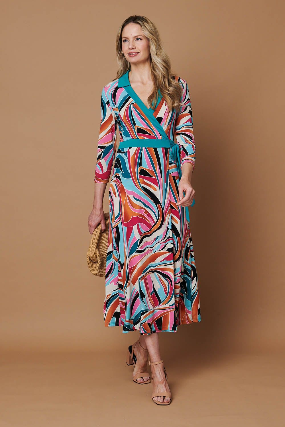 Izabel London Abstract Tie Waist Midi Wrap Dress