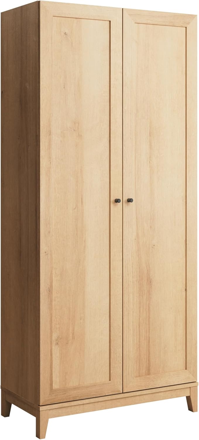 Prepac Yaletown 72 Tall Storage Cabinet with Wood Legs, Pantry Cabinet with 3 Adjustable Shelves, Bathroom, Kitchen and Home Organization in Natural Oak, 16 D x 32 W x 72 H