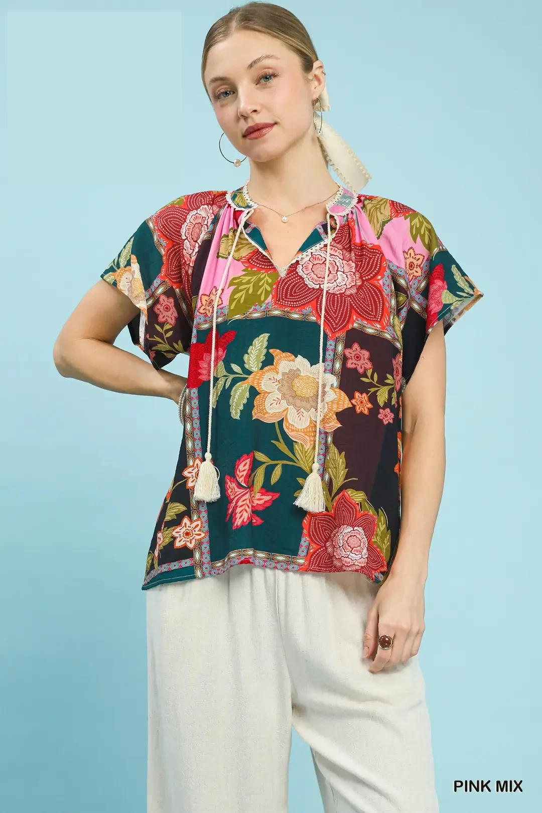 Mix Floral Patchwork Tassel Tie Top