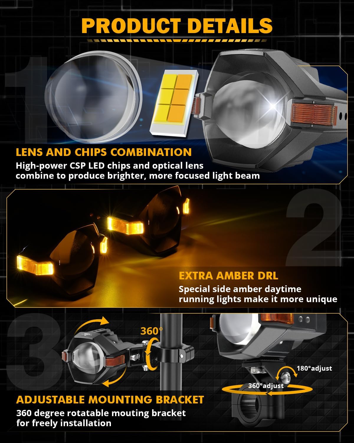 Auxbeam Motorcycle LED Fog Lights Auxiliary Lights Driving Light Spotlights 8 Modes White/Amber Dual Color Strobe Switchback 3 Inch 120W LED Offroad Work Light for Motorcycle ATV UTV Trucks - 2Pcs