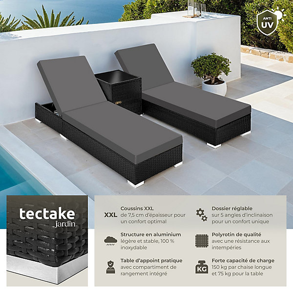 Lot de 2 bains de soleil résine tressée table acier noir