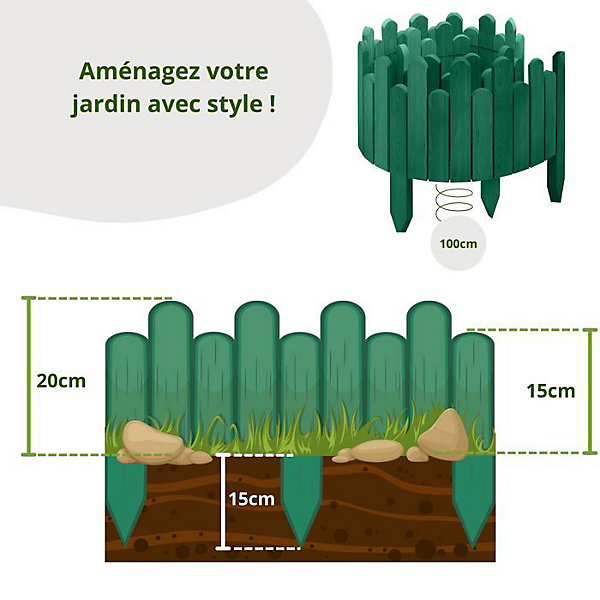Floranica bordure jardin 20 cm, vert, 100cm, clôture bois flexible, palissade, rouleau bordure, bord pelouse, clôture enfichable