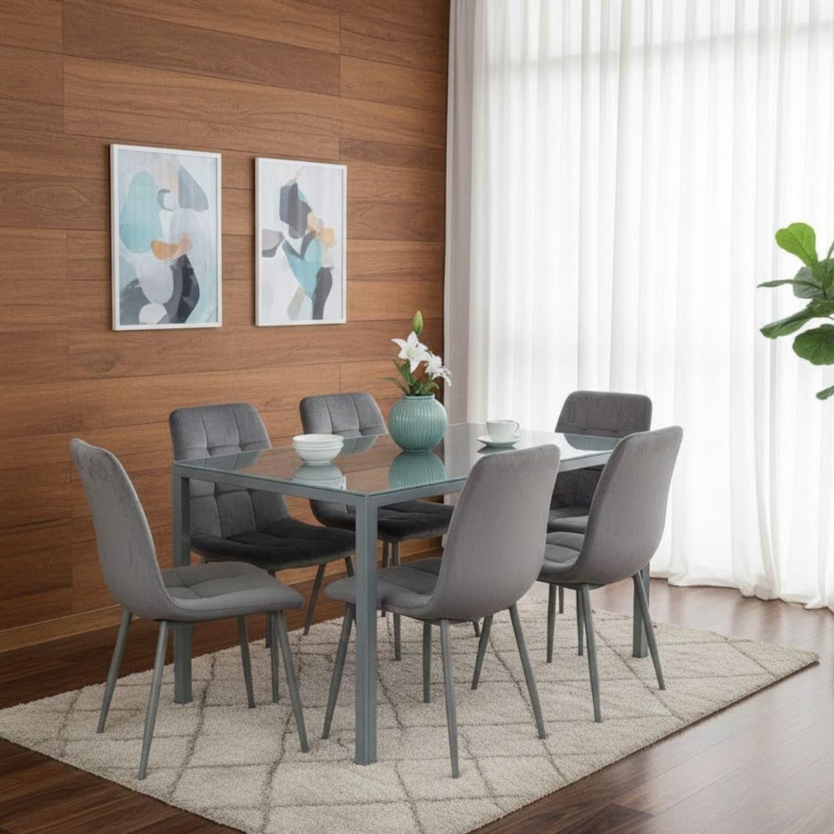 KOSY KOALA Grey Glass Dining Table set with 6 Grey velvet chairs Furniture