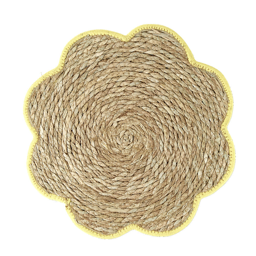 Set de table jonc de mer tressé et coton forme fleur contour jaune Ø38cm