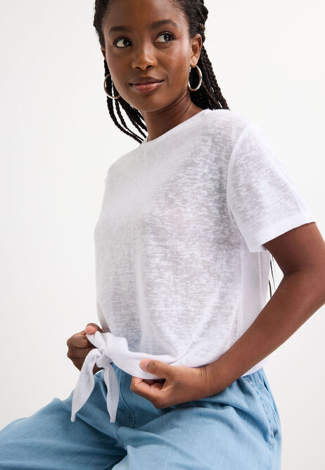 Womens White Slub Front Knot T-Shirt