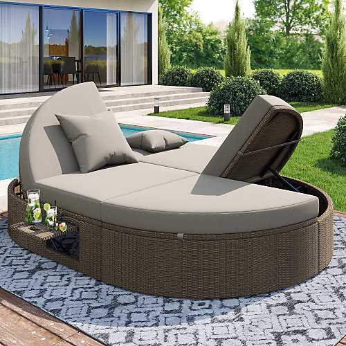 Chaise longue double en rotin pour 2 places - Bain de soleil avec cadre latéral - Angle réglable - Avec coussins - Gris