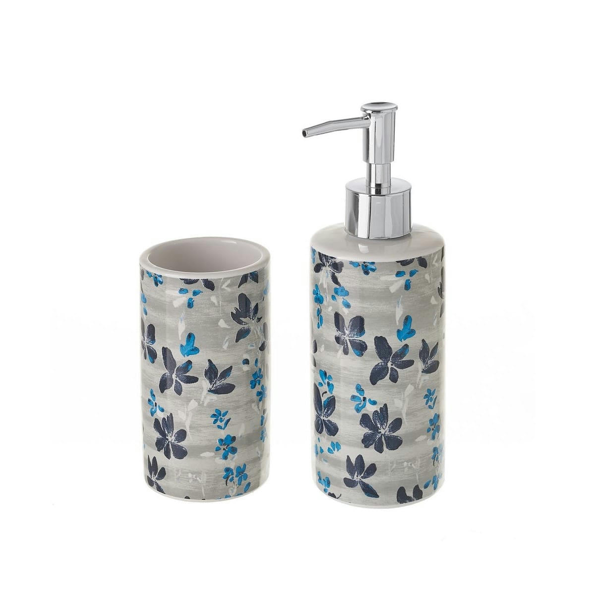 FLORAL - Set salle de bain blanc et bleu distributeur savon et verre