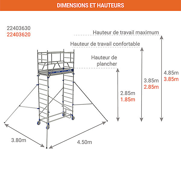 Echafaudage roulant en aluminium - Hauteur de travail max 4.85m - 22403630