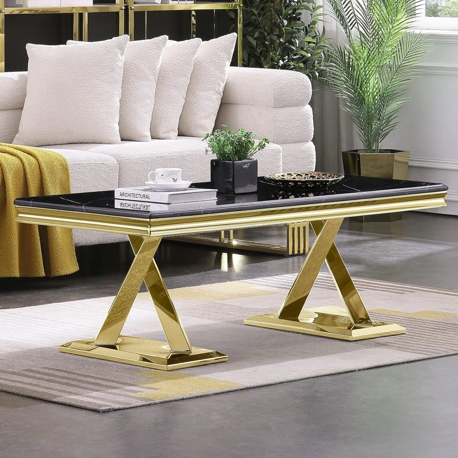 Modern Rectangular Coffee Table with Metal X Cross Base for Living Room