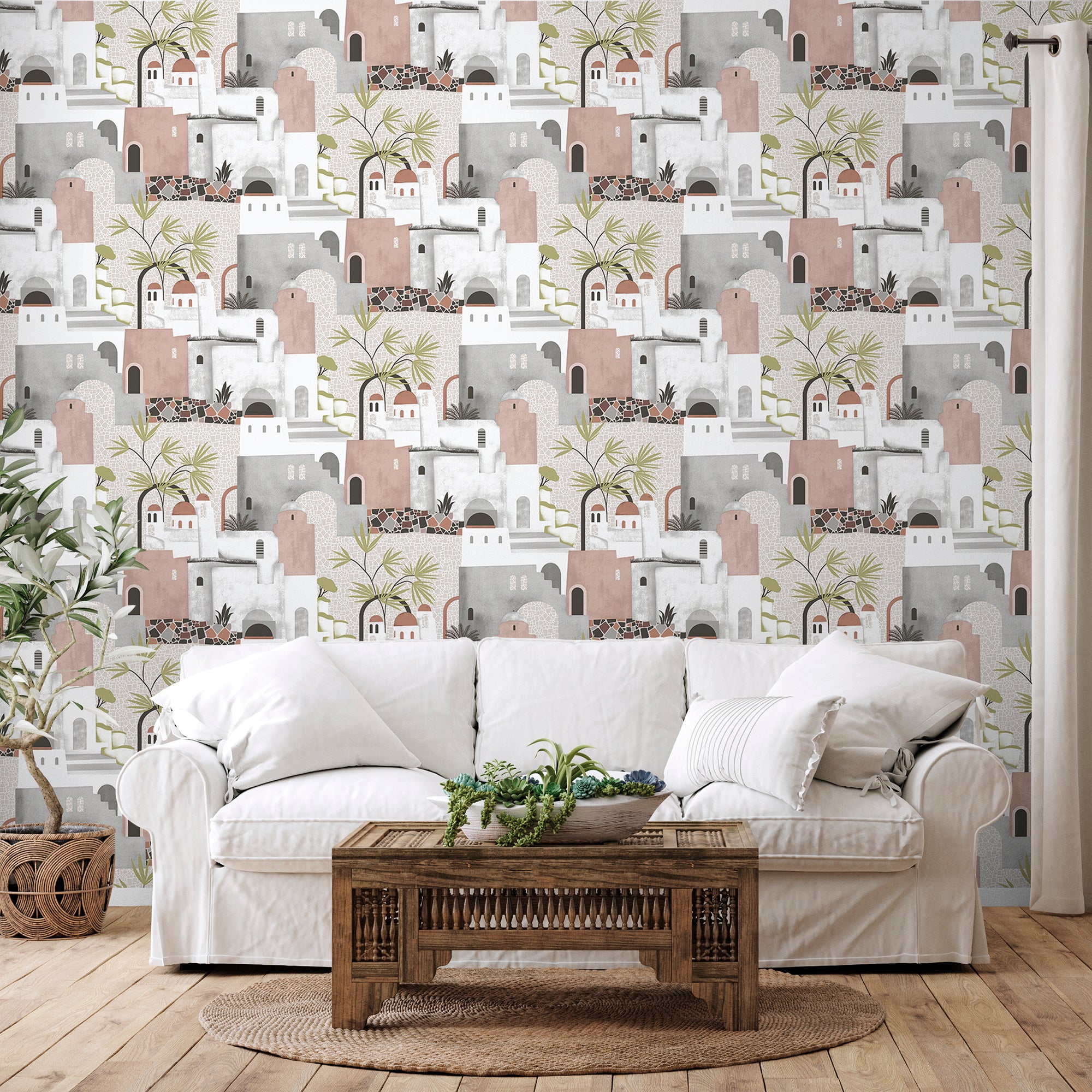 Sanders & Sanders behang mediterrane huisjes oudroze, grijs en wit - 53 cm x 10 m - 640079