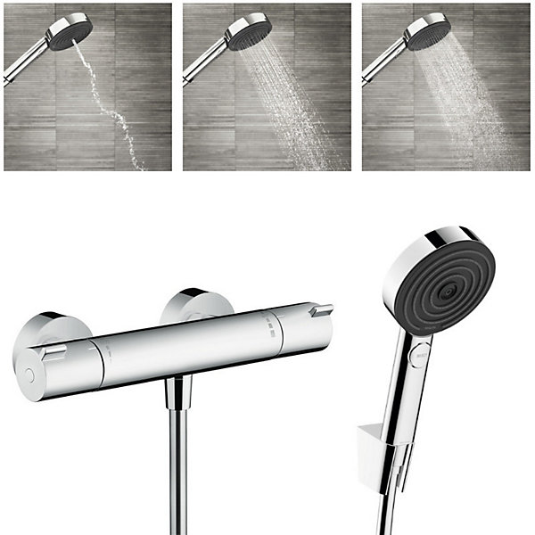 Hansgrohe Ecostat Mitigeur thermostatique douche   Douchette à main XXL 105mm 3 jets, Flexible de douche 125cm, support mural