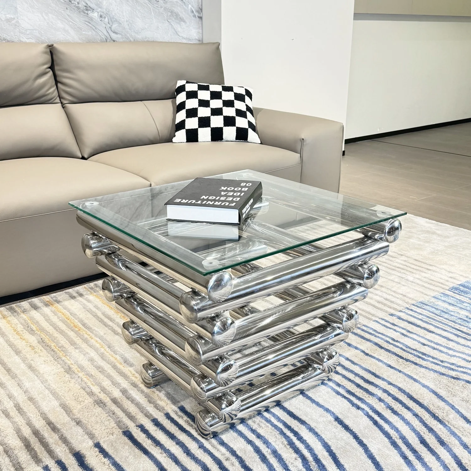 Stainless Steel Singer-Layer Thickened Clear Tempered Glass Coffee Table for Bed Room, Living Room