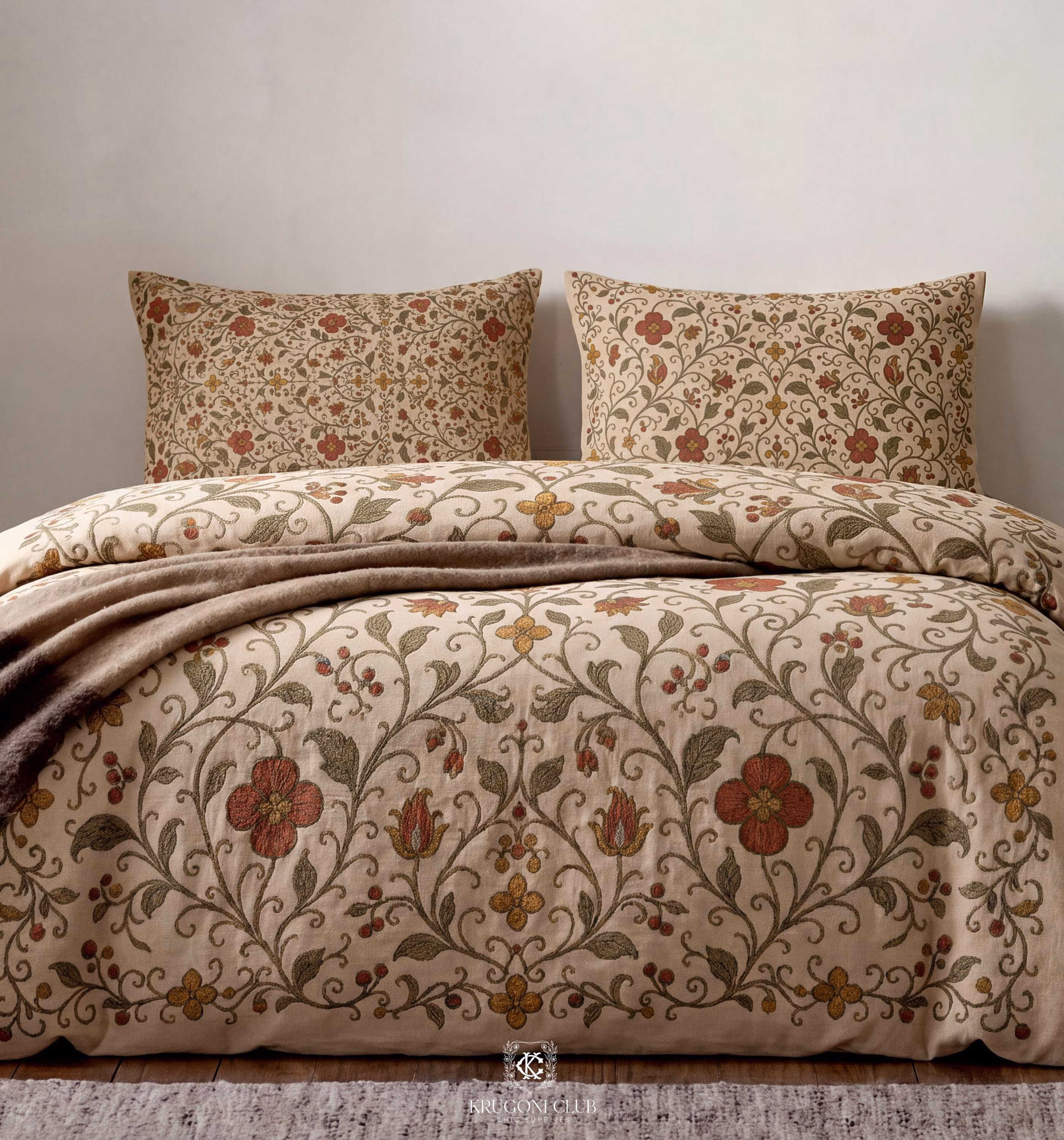 Medieval Floral Duvet Cover Set, 100% Cotton Bedding, Queen Duvet Cover, Matching Pillow Shams, Tapestry Style Cottagecore Decor
