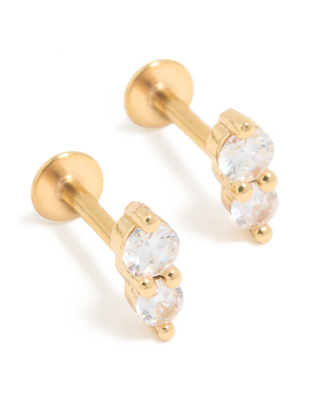 Gold Plated Surgical Steel Cubic Zirconia Double Round Flat Back Studs