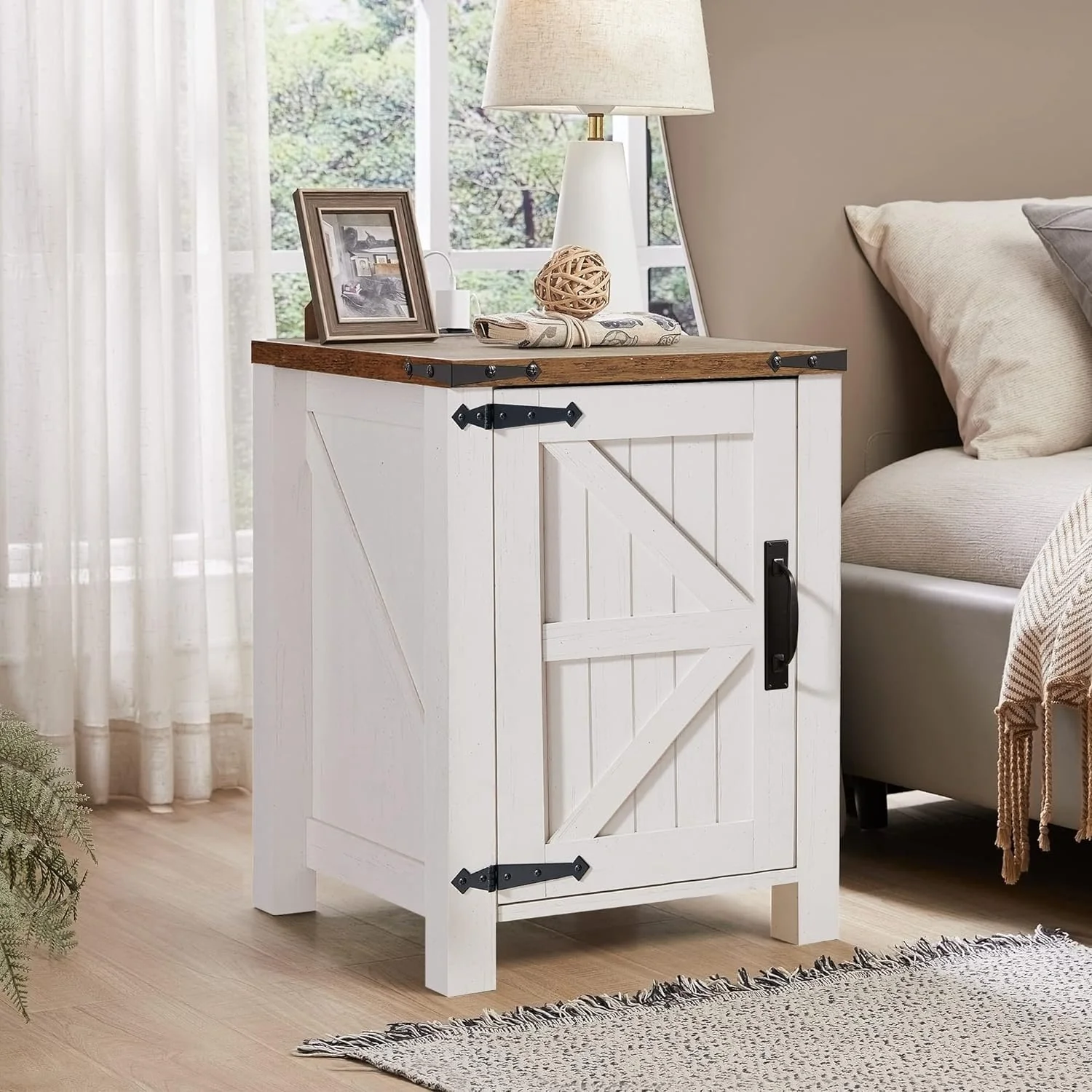 Farmhouse Wood Nightstand with Charging Station, End Table, Side Table