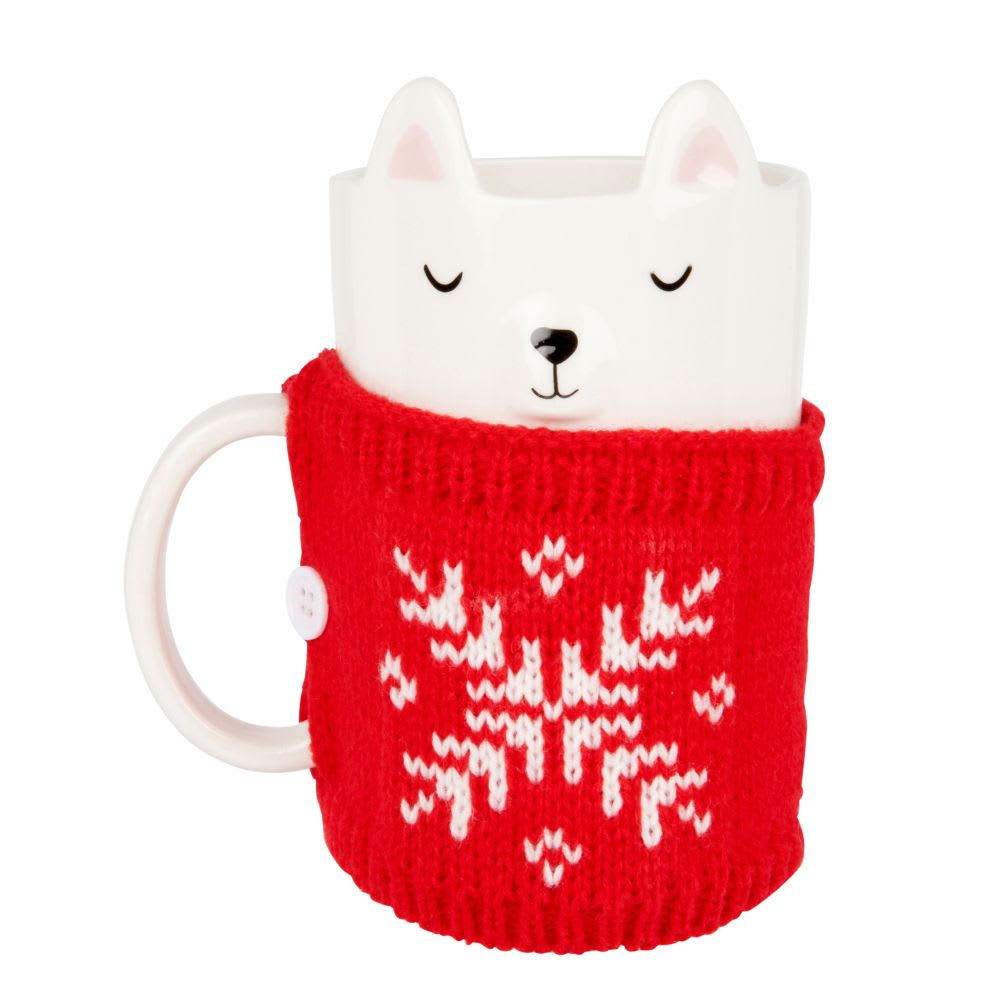 - Mug ours en faïence blanche et pull en laine rouge