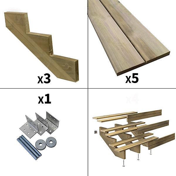 Escalier Bois Exterieur - 3 Marches Pleines - Largeur : 1m20 - Hauteur : 51cm - Avec Contremarches - Pin du Nord