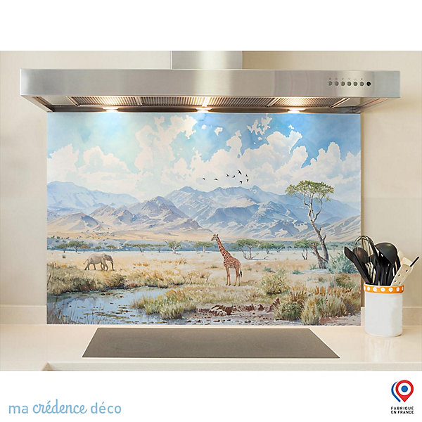 Crédence cuisine fond de hotte Savane Aquarelle - Verre trempé - L 60 cm x H 45 cm - MaCrédenceDéco