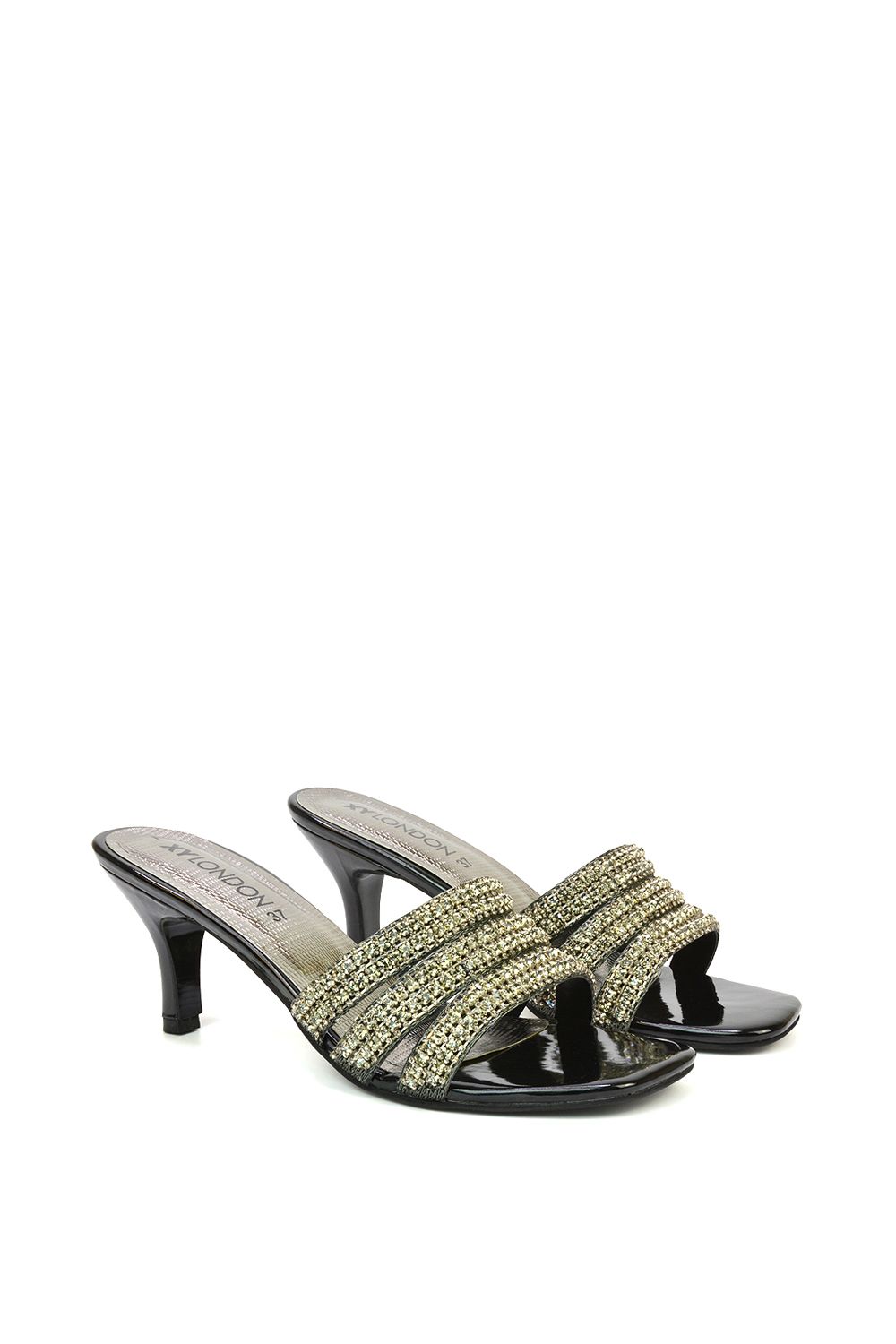 XY London Harli' Diamante Mid Stiletto Heel Square Toe Mule Heels
