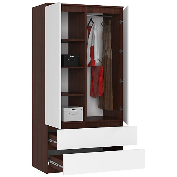 Armoire AKORD S90 Wengé 90 cm 2 portes 2 tiroirs façade Blanche 4 étagères 90x51x180 cm