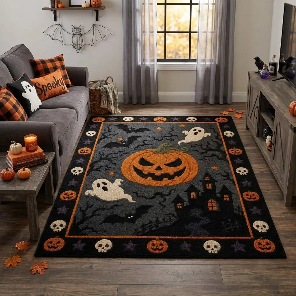 Hand Tufted Halloween Area Rug, Pumpkin Ghost Bat Haunted House Design (Custom Sizes)