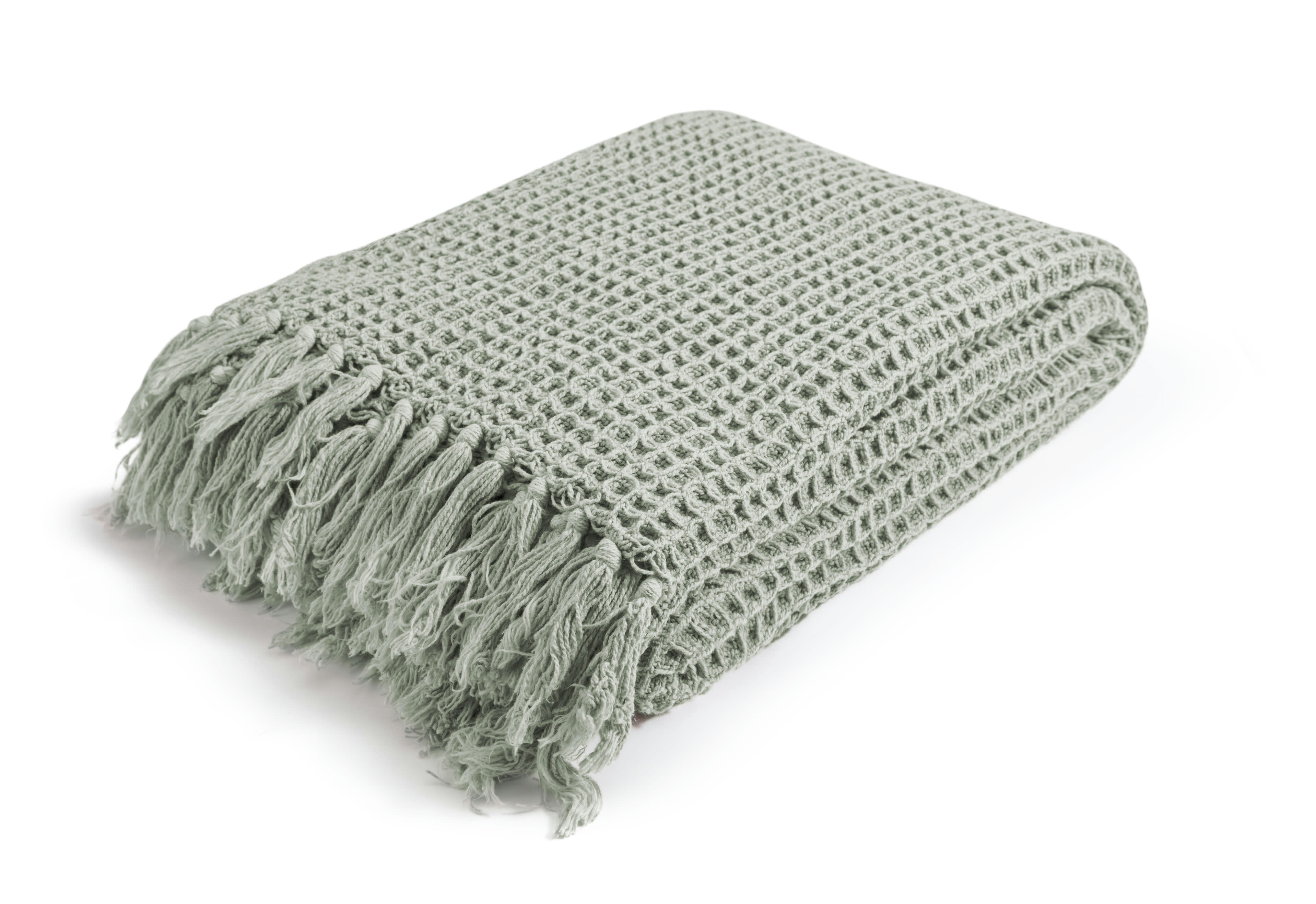 WAFFLE - Plaid en 100% coton lavé à franges nouées vert sauge 170x130