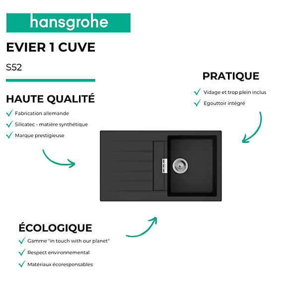 Evier 1 bac 840 HANSGROHE S52 synthèse noir   robinet de cuisine HANSGROHE Vernis Blend M35 210 chromé