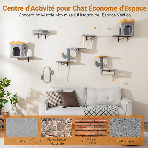 Arbre a Chat Mural avec Hamac Confortable, 2 Griffoirs, 2 Plateformes, Un Pont, 3 Tapis et Un Pompon Suspendu, pour Salon, Chambre