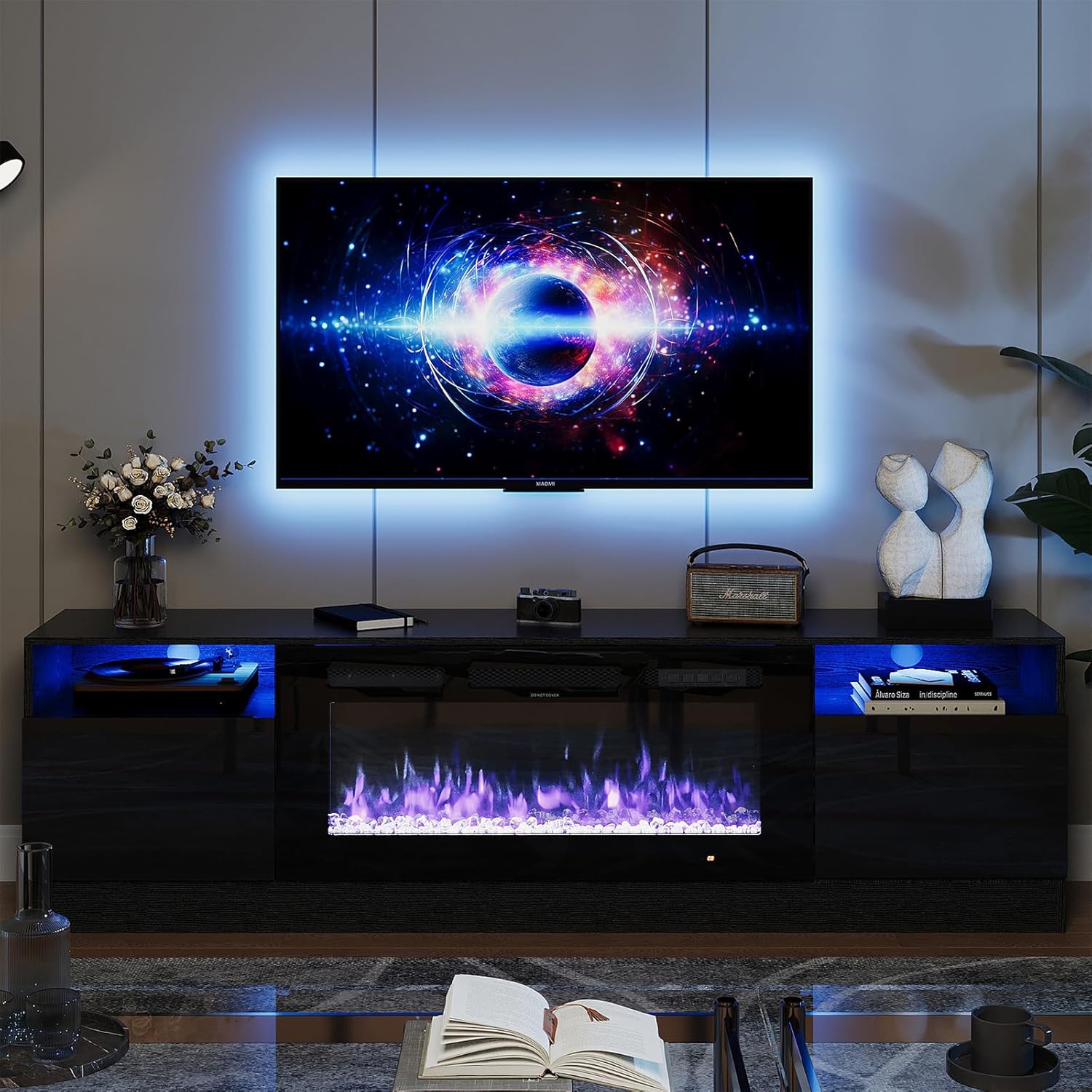 oneinmil Fireplace TV Stand with 36 Electric Fireplace, LED Light Entertainment Center, Modern Wood Texture Entertainment Stand with Highlight Storage Cabinet for TVs Up to 80, 70 inches, Black