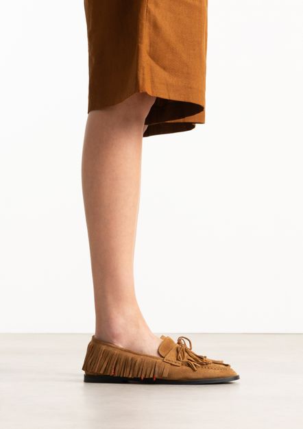 Cognac suède loafers met franjes