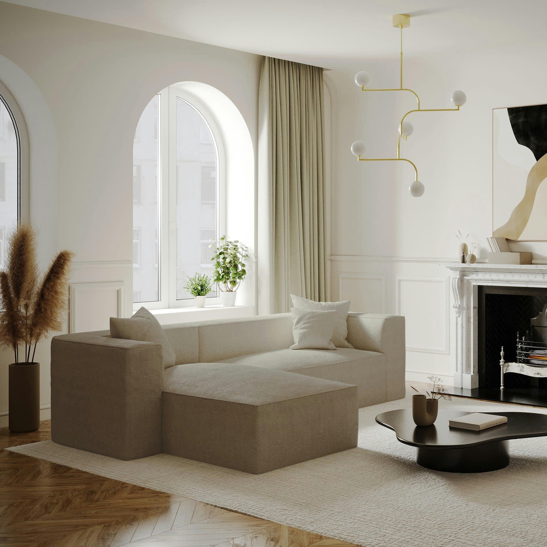 ALMA - Canapé d'angle gauche tissu bouclette taupe